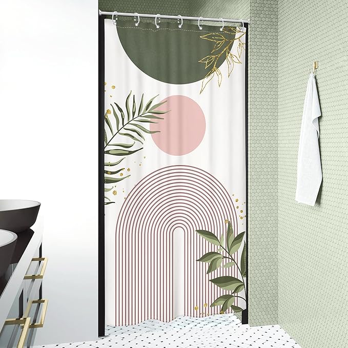 Small Stall Boho Shower Curtain 36Wx72H RV Green Pink Modern Mid Century Abstract Leaves Plant Minimalist Geometric Bathroom Decor Half Narrow Standing Bath Curtain Fabric Polyester 7 Pack Hook