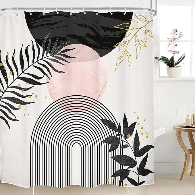 Black Pink Boho Shower Curtain 72Wx72H Bohemian Modern Mid Century Abstract Minimalist Gold Leaves Sun Arch Geometric Plant Bathroom Decor Neutral Bath Curtain Fabric Polyester 12 Pack Hooks
