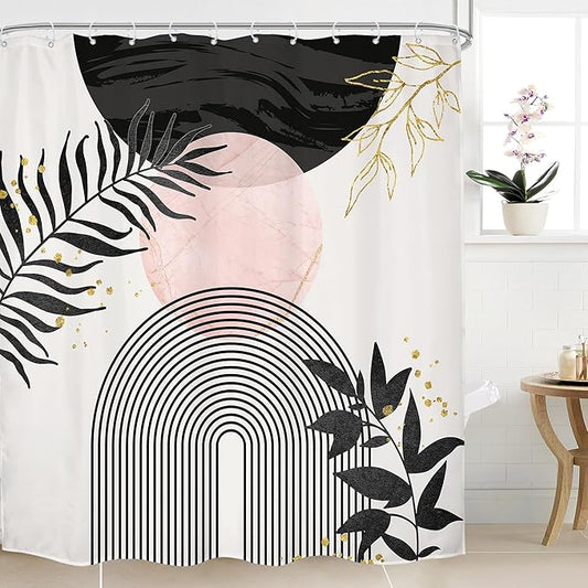 Black Pink Boho Shower Curtain 72Wx72H Bohemian Modern Mid Century Abstract Minimalist Gold Leaves Sun Arch Geometric Plant Bathroom Decor Neutral Bath Curtain Fabric Polyester 12 Pack Hooks