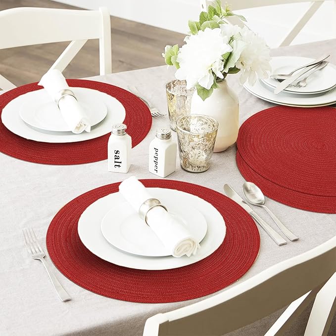 SHACOS Round Placemats Set of 6 Braided Cotton Polyester 15 inch Washable Place Mats for Dining Tables Christmas Table Mats Home Wedding Party Table Decor (Red, 6)