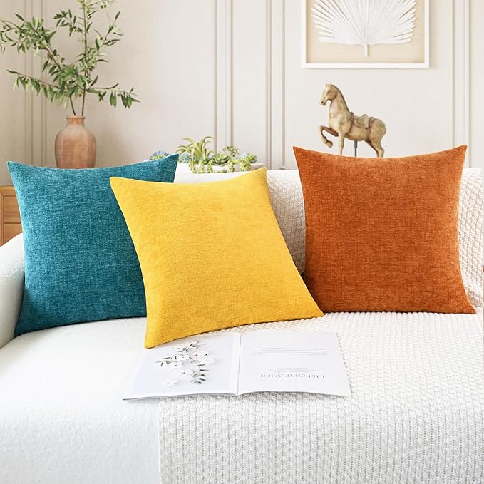 CaliTime Throw Pillow Covers Decorative 16 X 16 Inches Pack of 2 Cozy Chenille Cushion Case for Couch Sofa Bed Living Room Home Mustard Yellow