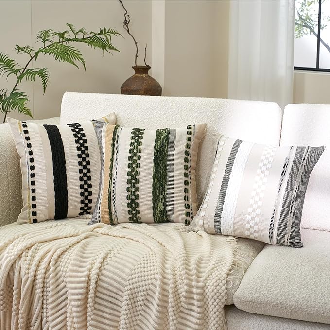 Aeckself Boho Throw Pillow Covers 18x18 Inch Set of 2, Farmhouse Decorative Striped Square Pillow Covers Chenille Tufted Pillow Cases Accent Neutral Pillowcase for Living Room Couch Bed, Dark Green
