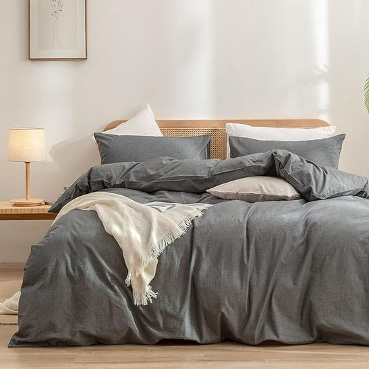 BESTOUCH Duvet Cover Set 100% Washed Cotton Linen Feel Super Soft Comfortable Chic Lightweight 3 PCs Home Bedding Set Solid Dark Grey Super King