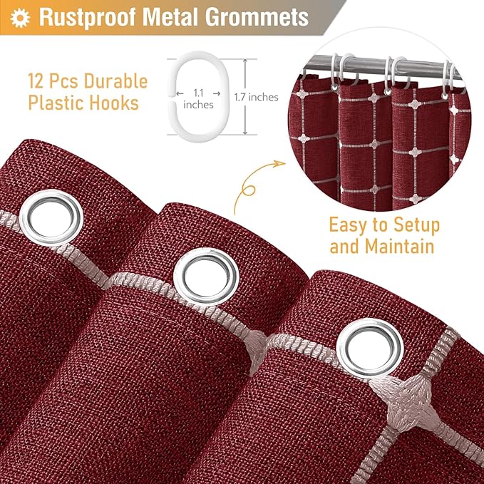 BTTN Boho Farmhouse Shower Curtain, Linen Rustic Heavy Duty Fabric Shower Curtain Set with Tassel, Water Repellent, Bohemian Vintage Country Thick Cloth Shower Curtains for Bathroom - Burgundy - 72x72