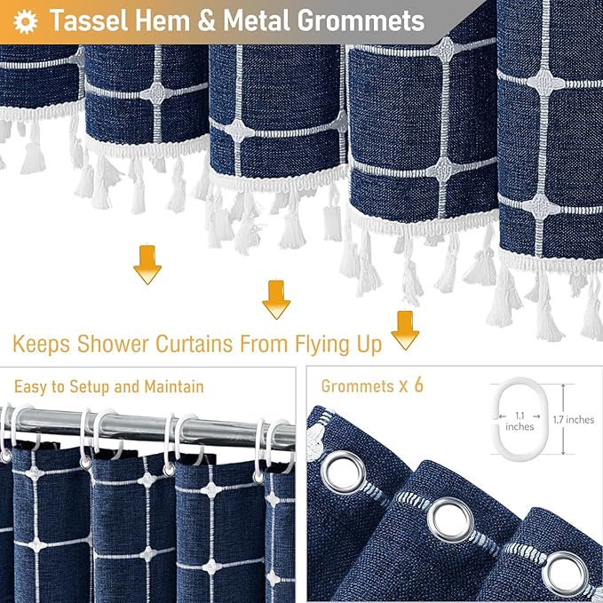 BTTN Boho Shower Stall Curtain - 36x72 Narrow Linen Ultra Thick Tassel Fabric Cloth Shower Curtain Set with 6 Plastic Hooks, Half RV Modern Farmhouse Country Shower Curtains for Bathroom, Navy Blue