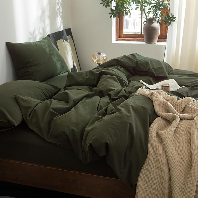FOSSA Duvet Cover Set 100% Washed Cotton Linen Feel Super Soft Breathable Cozy Simple Style 3 Pieces Bedding Sets Solid Olive Green Oversized King Plus