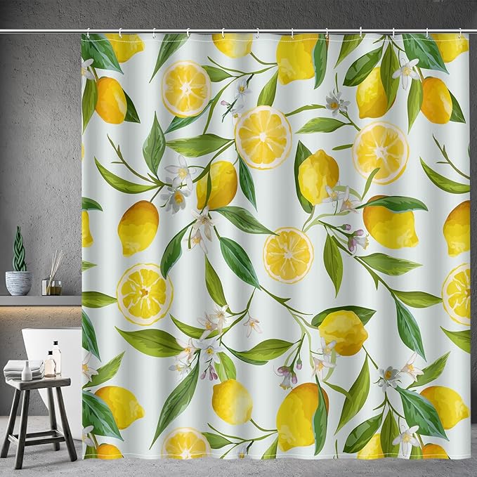 Aimego Lemon Fruit Shower Curtain - Yellow Lemon Green Leaves Plant Floral Modern Nature Fabric Cloth Bath Shower Curtain Set with 12 Hooks for Bathroom Decor Accessories, 72"x72"