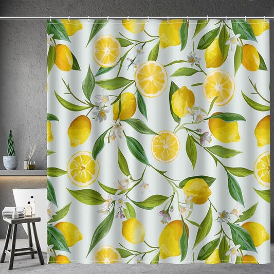 Aimego Lemon Fruit Shower Curtain - Yellow Lemon Green Leaves Plant Floral Modern Nature Fabric Cloth Bath Shower Curtain Set with 12 Hooks for Bathroom Decor Accessories, 72"x72"