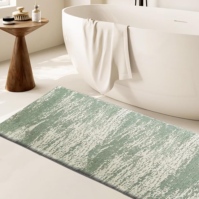 HDFK Graffiti Bath Mat | Non Slip Water Absorbent Quick Dry Woven Floor Mats | Thin Machine Washable Modern Shower Rug | Low Pile Profile Fit Under Door Vanity Bathroom Rugs | 30x20 Inch Sage Green