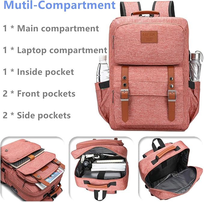 HFSX Laptop Backpack Women Men College Backpacks Bookbag Vintage Backpack Book Bag Fashion Back Pack Anti Theft Travel Backpacks with Charging Port fit 15.6 Inch Laptop Pink