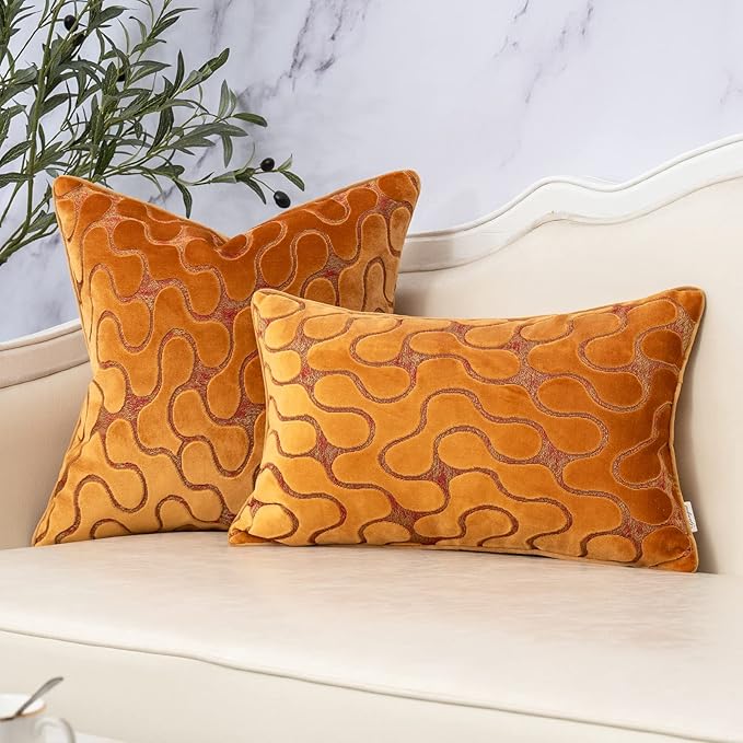 Yangest Orange Yellow Square Throw Pillow Cover Wavy Velvet Cushion Cover Modern Zippered Pillowcase for Sofa Couch Bedroom Living Room Chair, 20 x 20 Inch
