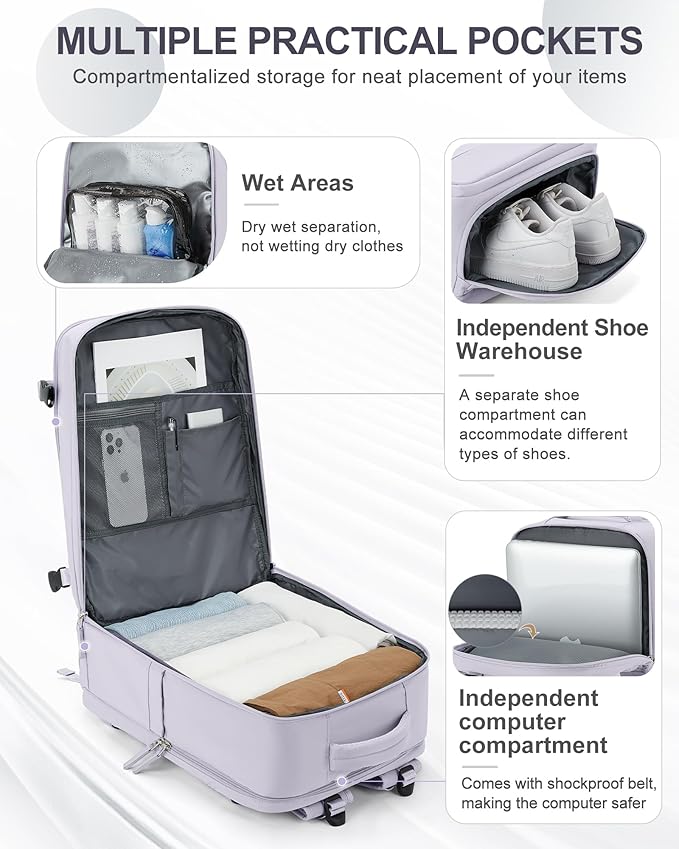 coowoz Large Travel Backpack Carry On for Women Man Gym Backpack with Laptop Compartment Mochila de Viaje Teacher Personal Item Backpacks Rucksack Airplane Accessories Must Haves Purple