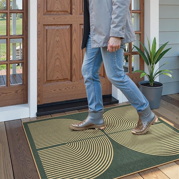Lahome Modern Rainbow Easy Jute Entry Rug, 3x5 Washable Outdoor Patio Porch Rug, Farmhouse Non Slip Non Shedding Dark Green Carpet for Dorm Living Room Deck Front Door Kitchen