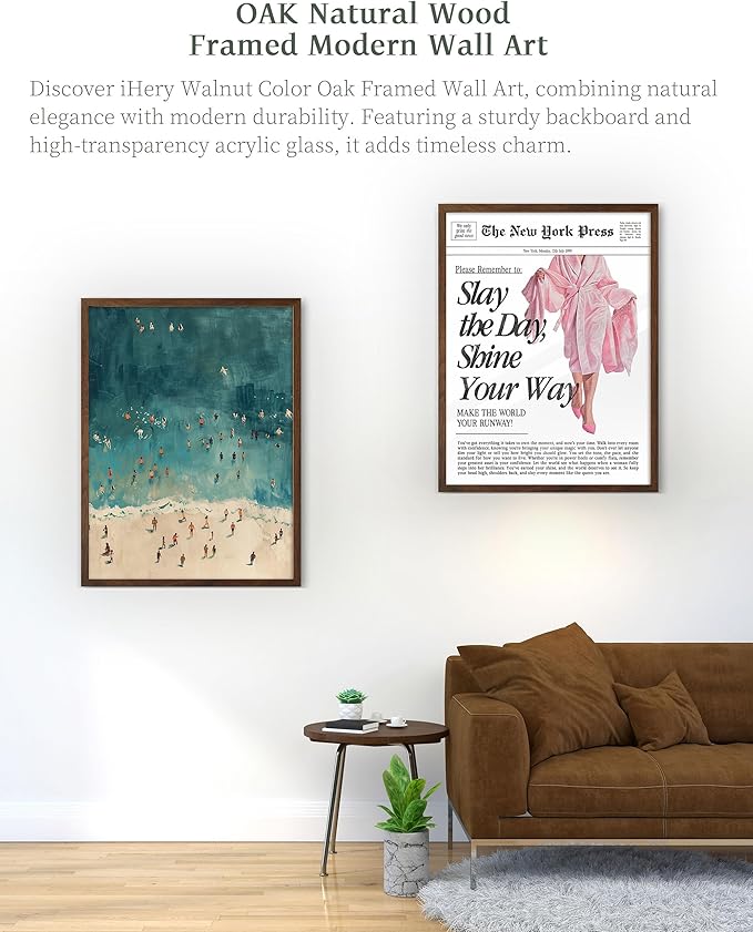 iHery Natural OAK Wood Walnut Color Framed Wall Art, 12x16 in Fashion Summer Tiny People Swimming In Ocean Canvas Wall Decor, Minimalist Beach Air For Bedroom Bathroom Living Room 1Pack
