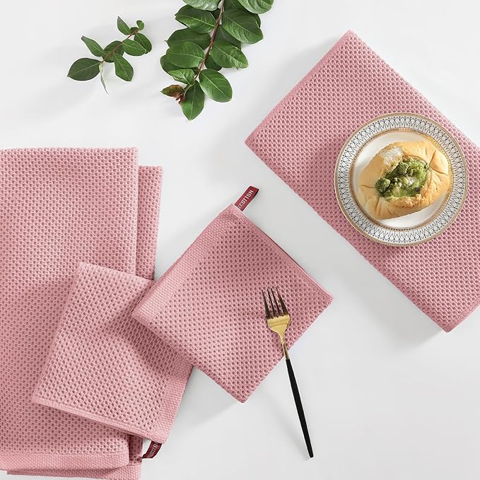 Homaxy 100% Cotton Kitchen Towels and Dishcloths Set, 12 x 12 Inches and 13 x 28 Inches, Set of 12 Bulk Kitchen Towels Set, Ultra Soft Absorbent Dish Cloths for Washing Dishes, Dried Rose