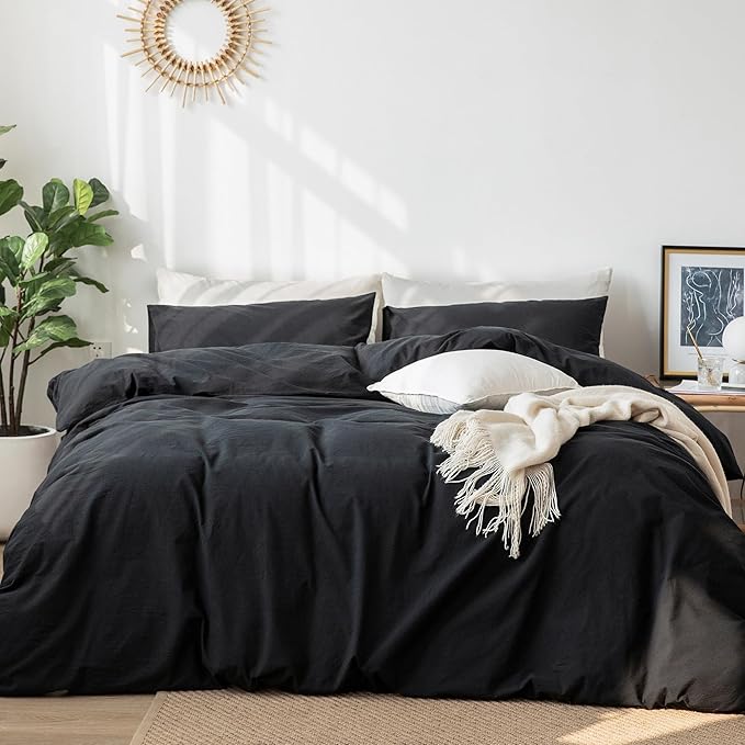 MooMee Bedding Duvet Cover Set 100% Washed Cotton Linen Like Textured Breathable Durable Soft Comfy (Solid Black, Super King 108"x98")