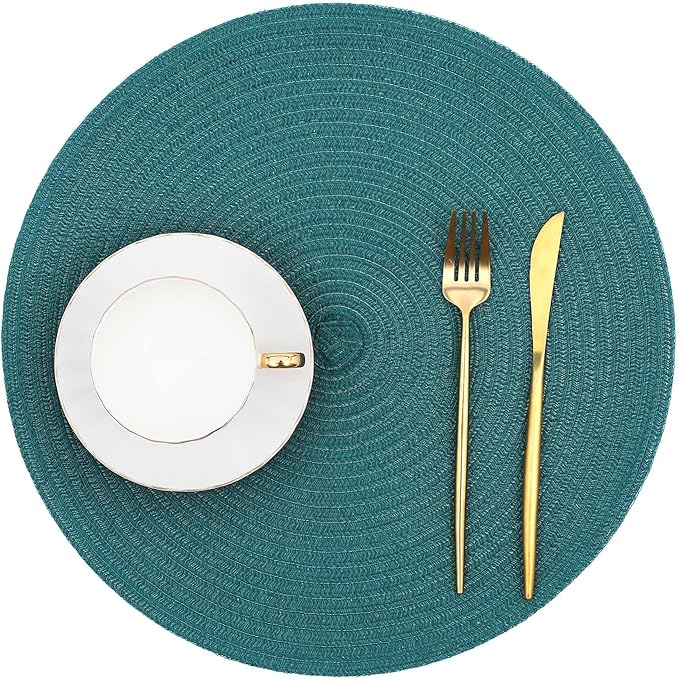 SHACOS Round Placemats Set of 6 Washable 15 inch Round Table Mats Cotton Polyester Woven Braided Place Mats for Dining Table, Teal Green