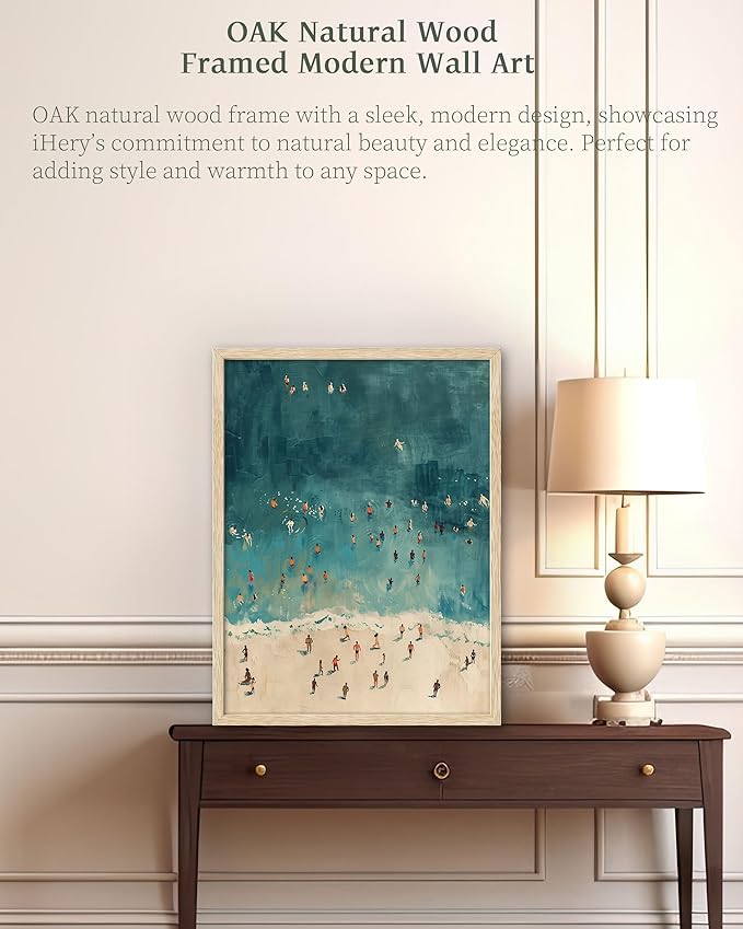 iHery Natural OAK Wood Framed Wall Art, 12x16 in Fashion Summer Tiny People Swimming In Ocean Canvas Wall Decor, Beige Minimalist Beach Bedroom Decor, Set of 1 For Bathroom Living Room