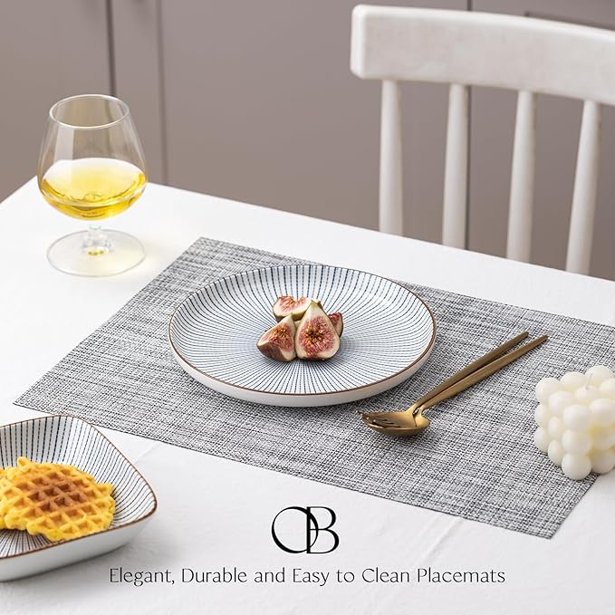 Placemats Set of 4 - Easy Clean Woven Vinyl Placemats for Dining Table, Indoor/Outdoor Place Mats, Washable PVC Table Mats（Gray）