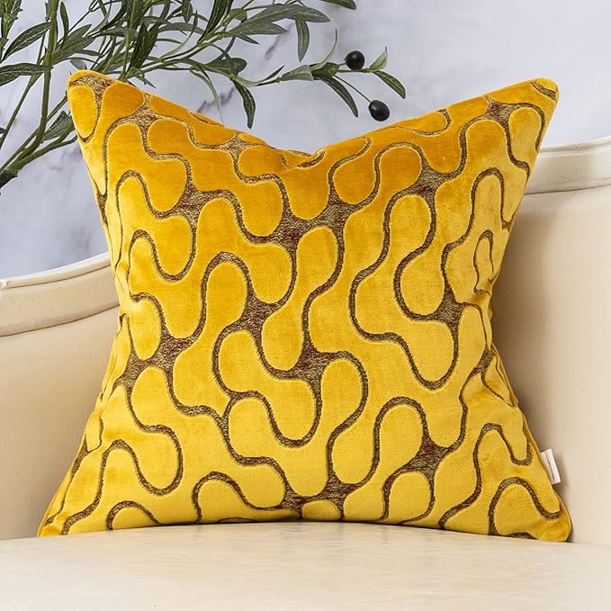 Yangest Yellow Square Throw Pillow Cover Wavy Velvet Cushion Cover Modern Zippered Pillowcase for Sofa Couch Bedroom Living Room Chair, 18 x 18 Inch