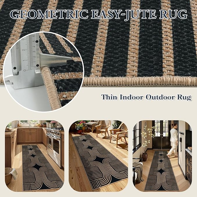 Lahome Modern Geometric Black Runner Rug, 2x8 Indoor Outdoor Hallway Kitchen Runner Rug with Rubber Backing, Farmhouse Washable Non Slip Non Shedding Floor Carpet for Bedroom Entry Patio