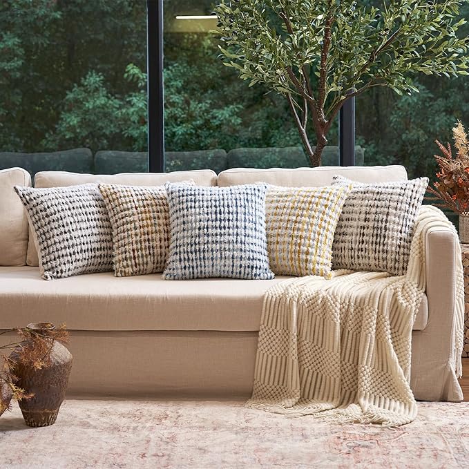 Aeckself Boho Chenille Tufted Pillow Cover 20 x 20 Inch, Decorative Square Throw Pillow Cover Neutral Pillowcase for Couch Bedroom Living Room, Brown White