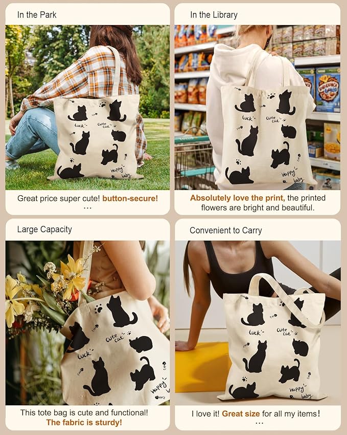Aesthetic Tote Bag for Girls - with Magnetic Buckle and Zipper Inner Pocket for Women Lady Canvas Cotton Tote Bag