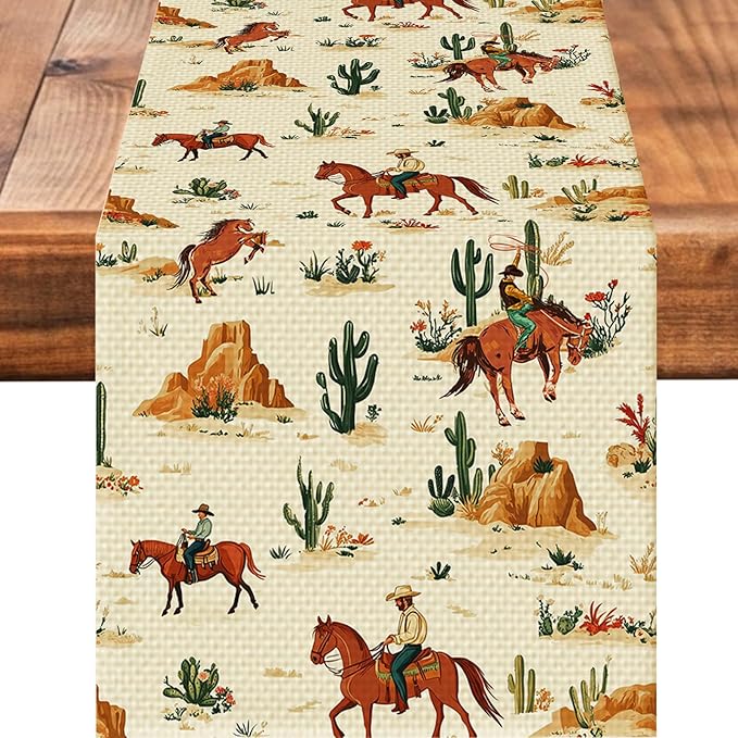 Western Boy Horse Burlap Table Runner Seasonal Spring Fall Kitchen Dining Linen Table Decoration for Indoor Outdoor Home Party Dinner 13x72 Inch