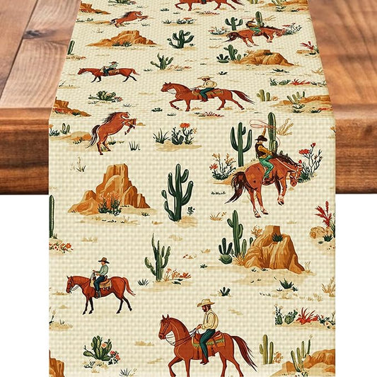 Western Boy Horse Burlap Table Runner Seasonal Spring Fall Kitchen Dining Linen Table Decoration for Indoor Outdoor Home Party Dinner 13x72 Inch