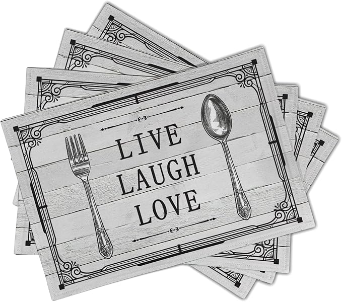 Giwawa Live Laugh Love Placemats Set of 4 Knife Fork Spoon Vintage Style Decorative Linen Table Place Mat Washable Heat Resistant Non Slip for Dining Kitchen Party Holiday 12"x18"