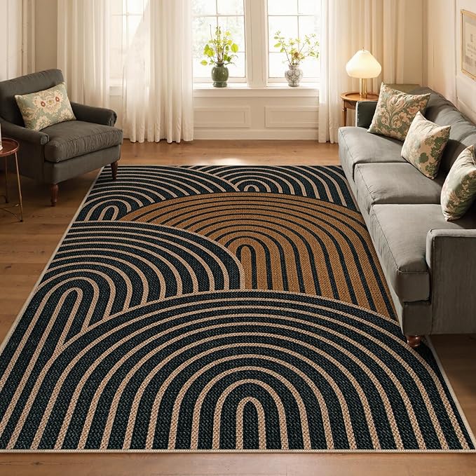 Lahome Modern Rainbow Easy Jute Carpet, Washable Rugs 5x7 for Living Room Black Farmhouse Dining Room Rug, Contemporary Natural Throw Mat Non Slip Floor Carpet for Office RV Patio
