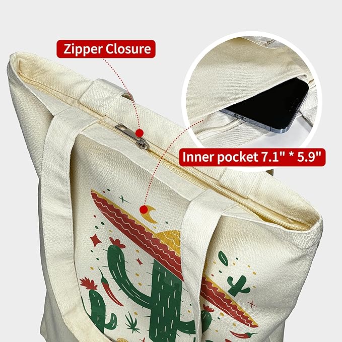 Canvas Tote Bag for Women, Aesthetic Tote Bag with Zipper Pocket for Grocery Travel Work Gift, Canvas Shopping Bag