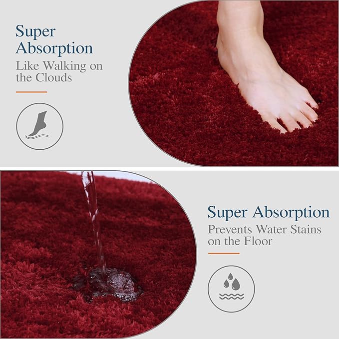 Walensee Bathroom Rug Non Slip Bath Mat (16 x 24, Red) - Water Absorbent Soft Microfiber Shaggy Mat, Machine Washable Thick Plush Rug for Shower