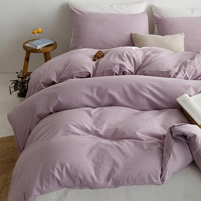 ECOCOTT Light Purple Duvet Cover Queen Size - 100% Washed Cotton Durable Soft Comfy Duvet Cover Set, 3 Pieces Duvet Cover with Zipper Closure (Light Purple, 90''x90'')