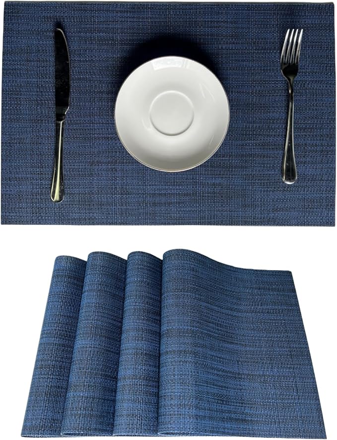 WAZAIGUR Placemats Set of 4 for Dining Table Heat-Resistant Washable Place Mats Woven Vinyl Kitchen Table Mats Easy to Clean,Navy Blue