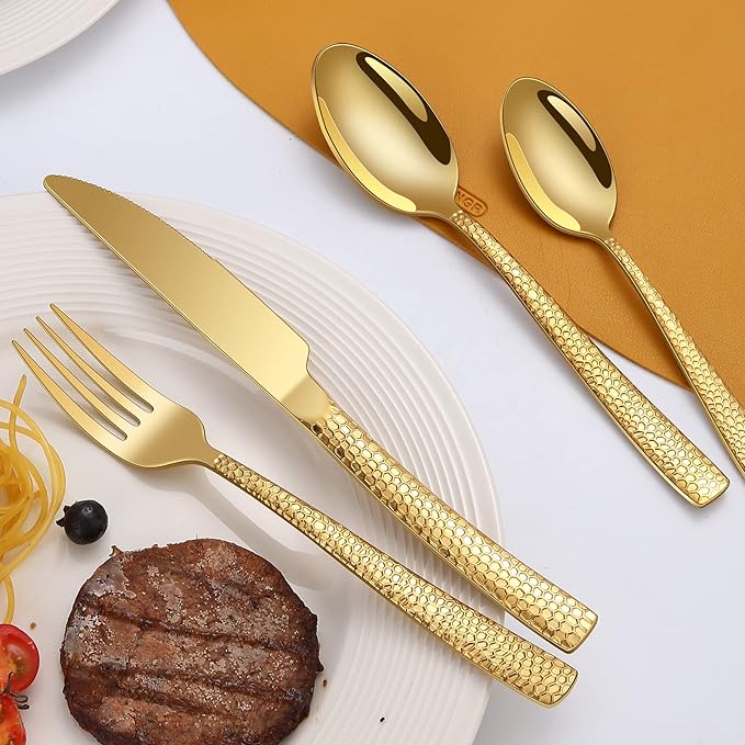 20-Piece Silverware Set, Gold Hammered Stainless Steel Flatware Sets for 4, Food-Grade Tableware Set, Including Fork Knife Spoon Set, Home Kitchen Cutlery Sets, Dishwasher Safe