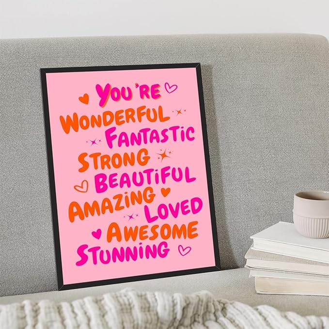 Trendy You Are Amazing You Are Awesome Poster, Funky 70s Pink Orange Aesthetic Canvas Wall Art, Preppy Uplifting Daily Reminder Quotes, Motivational Gifts Picture for Girls 8x12in Framed