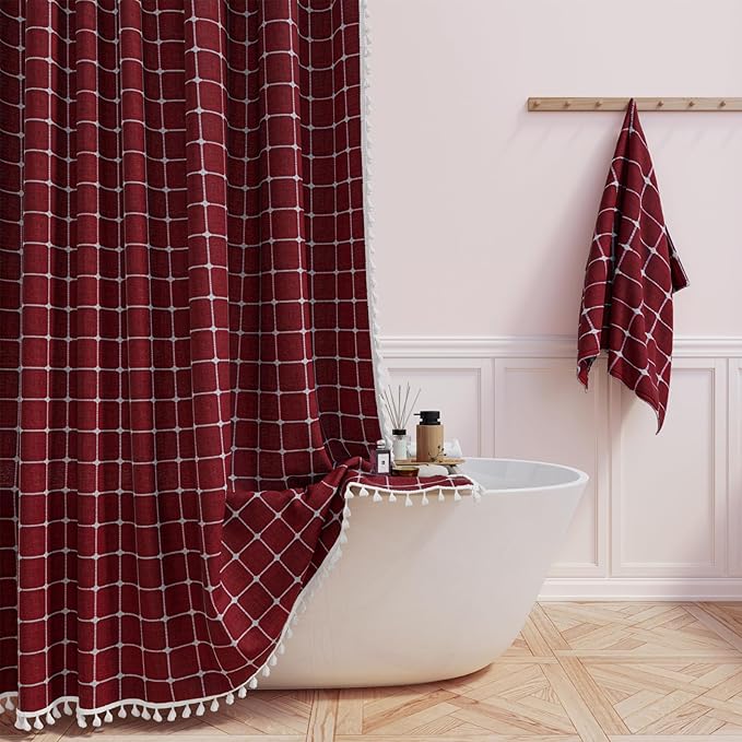 BTTN Extra Long Shower Curtain - 72x96 Inch Long Boho Chic Linen Fabric Heavy Duty Shower Curtain Set with Hooks, Tall Bohemian Farmhouse Shabby Chic Tassel Shower Curtains for Bathroom - Burgundy