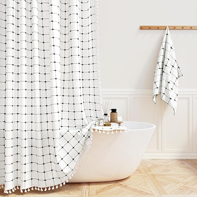 BTTN Extra Long Shower Curtain - 72x84 Inch Long Boho Chic Tassel Linen Fabric Shower Curtain Set with Hooks, Modern Farmhouse Elegant Heavy Duty Cloth Shower Curtains for Bathroom - White and Black