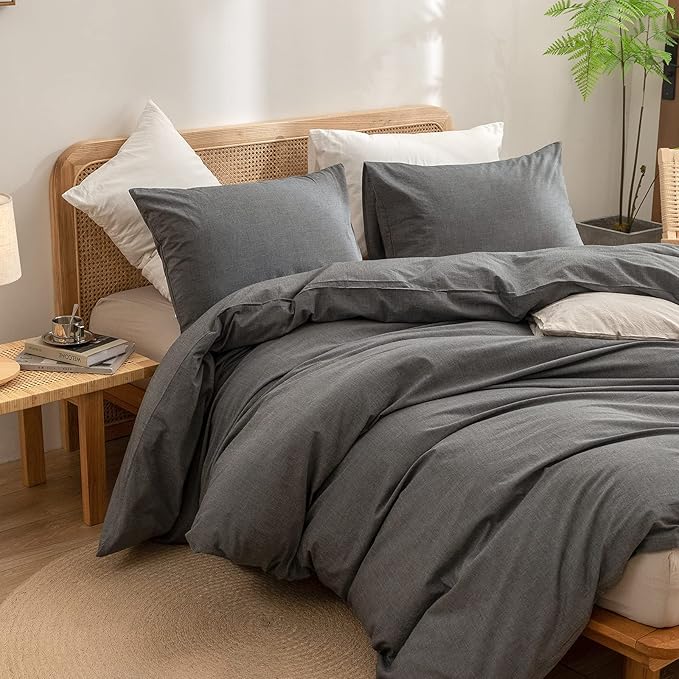BESTOUCH Duvet Cover Set 100% Washed Cotton Linen Feel Super Soft Comfortable Chic Lightweight 2 PCs Home Bedding Set Solid Dark Grey Twin/Twin XL