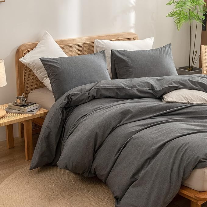 BESTOUCH Duvet Cover Set 100% Washed Cotton Linen Feel Super Soft Comfortable Chic Lightweight 3 PCs Home Bedding Set Solid Dark Grey Oversized Queen