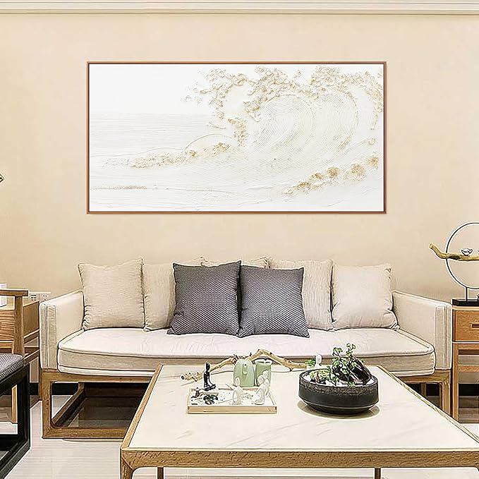 Canvas Wall Art Decor Bedroom Hand Painted White Wave With Golden Embellishments Pictures Decoration Artwork Wall Art Large Modern Painting Pictures For Living Room Home Kitchen Office 29"x58" Inch With Framed