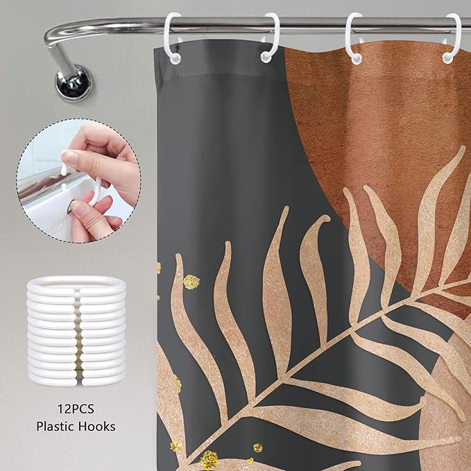 Dark Grey Brown Boho Modern Shower Curtain Mid Century Abstract Minimalist Burnt Orange Gold Leaf Arch Geometric Plant Neutral Bathroom Decor 60Wx72H Bath Curtain Fabric Polyester 12 Pack Hook
