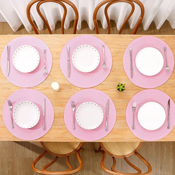 SHACOS Round Braided Placemats Set of 6 Round Table Mats for Dining Tables 15 inch Washable Non Slip Placemats (Pink, 6)