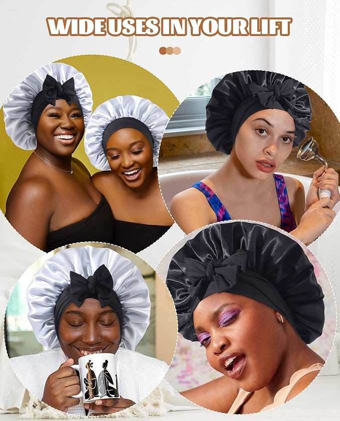 Satin Bonnet Silk Bonnet for Sleeping Silk Sleep Cap Double Layer Hair Bonnet with Elastic Tie Band for Curly Hair Night Cap(Black+Silver Gray)