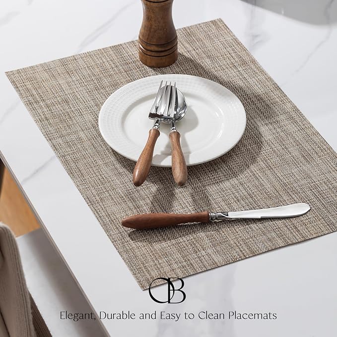 Placemats Set of 4 - Easy Clean Woven Vinyl Placemats for Dining Table, Indoor/Outdoor Place Mats, Washable PVC Table Mats（Caramel）