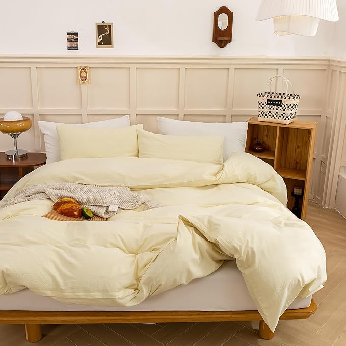 ECOCOTT Duvet Cover Set, 100% Washed Cotton Linen-Like Textured Soft & Breathable, Durable Comfy Bedding Set for All Seasons (Light Yellow, Queen)
