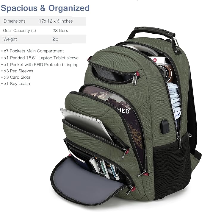 Boavan Laptop Backpack for men, 15.6 inch Laptop Bag with USB Port, Waterproof Travel Work Backpack Purse, Anti-Theft Teacher Nurse Doctor Casual Bookbags Office Business backpack,Green