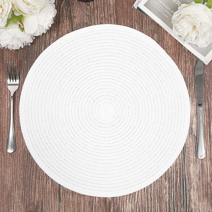 SHACOS Round Braided Placemats Set of 4 Washable Round Table Mats for Dining Table 15 inch (White, 4)