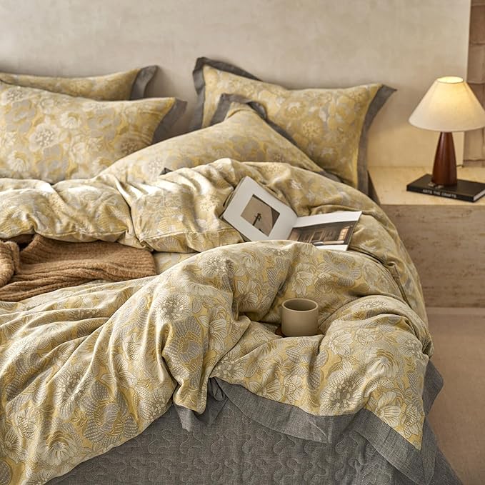 mixinni Duvet Cover King, Premium Cotton Double-Layer Yarn Golden Floral Jacquard Reversible Grey Comforter Cover with Edge Design, Farmhouse Bedding Set with 2 Pillowcases Perfect for Him and Her